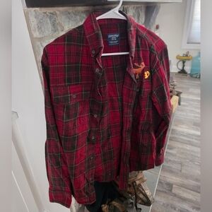 Red Plaid Button-Up Shirt with Moose & Squirrel Embroidery